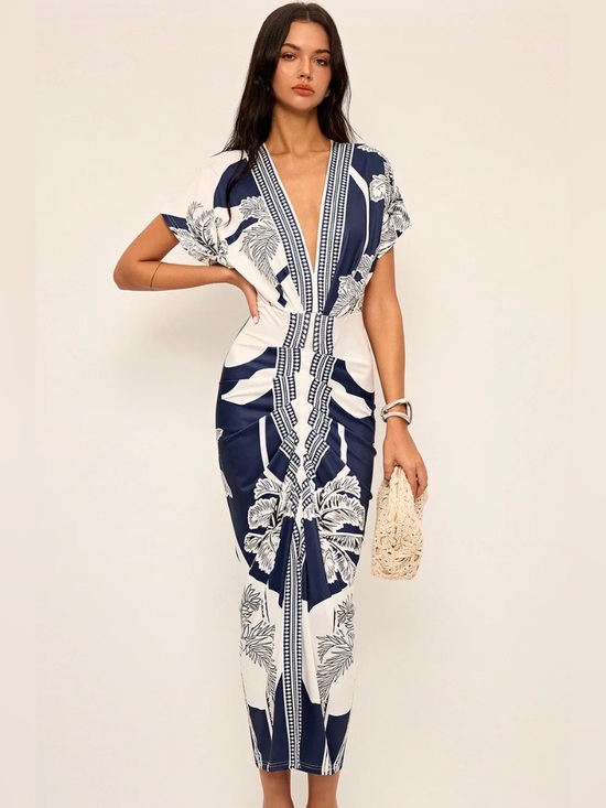 Commense Dresses & Skirts - Commense Navy & White Floral V-Neck Midi Dress